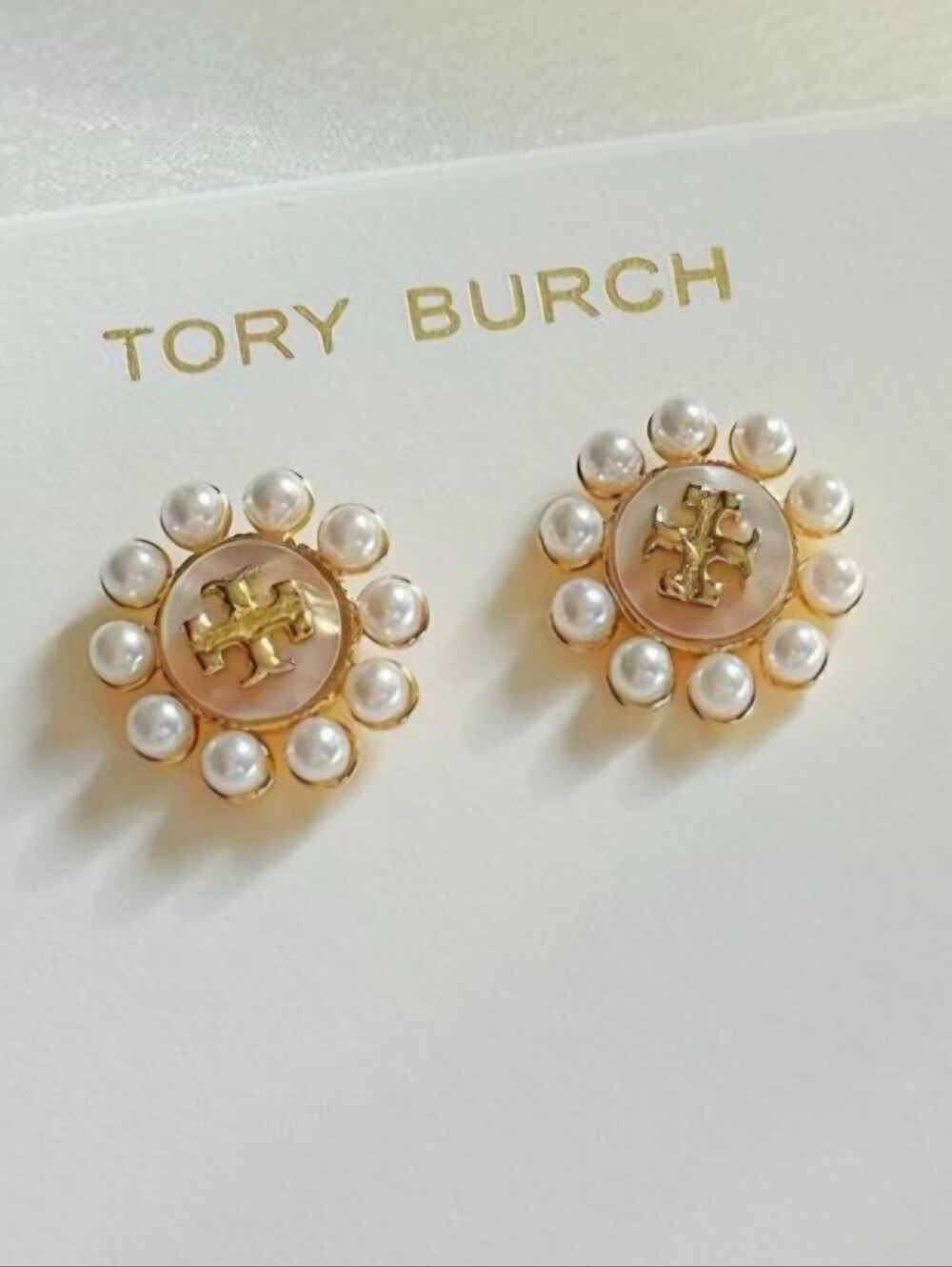 Tory Burch Gold and Pearl Logo Flower Earrings
